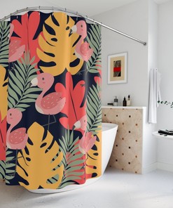 Retro Flamingo Boho Shower Curtain, Funky and Cool Tropical Bathroom Decor