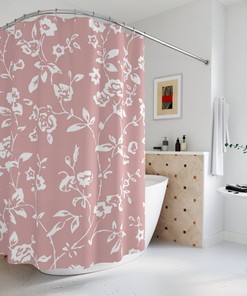 Retro Floral Boho Millefleurs Shower Curtain - Custom Print Wild Roses on Pink Boho Style Bathroom Decor