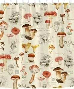 Retro Plants and Mushroom Shower Curtain for Psychedelic Bathroom Decor