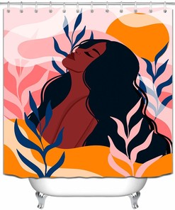 Retro Sun and Moon Abstract Shower Curtain - Boho Design with Nature Leaves for Bathroom Decor
