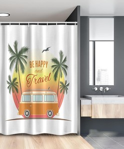 Retro Surf Van Shower Curtain, Palms and Camping Theme, Fabric Bathroom Decor