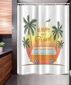 Retro Surf Van Shower Curtain, Palms and Camping Theme, Fabric Bathroom Decor