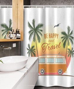 Retro Surf Van Shower Curtain, Palms and Camping Theme, Fabric Bathroom Decor