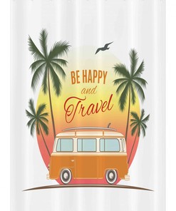 Retro Surf Van Shower Curtain, Palms and Camping Theme, Fabric Bathroom Decor
