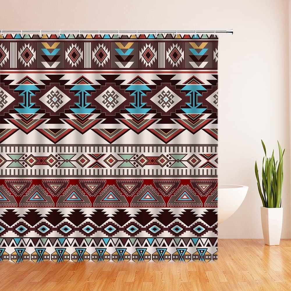 Retro Tribal Shower Curtain - Vintage Navajo Geometric Pattern for Bohemian Bathroom Decor