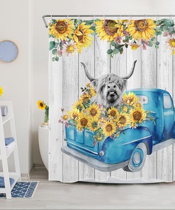 Retro Truck Highland Cow Sunflower Shower Curtain - Blue Rustic Bathroom Decor with Farmhouse Theme