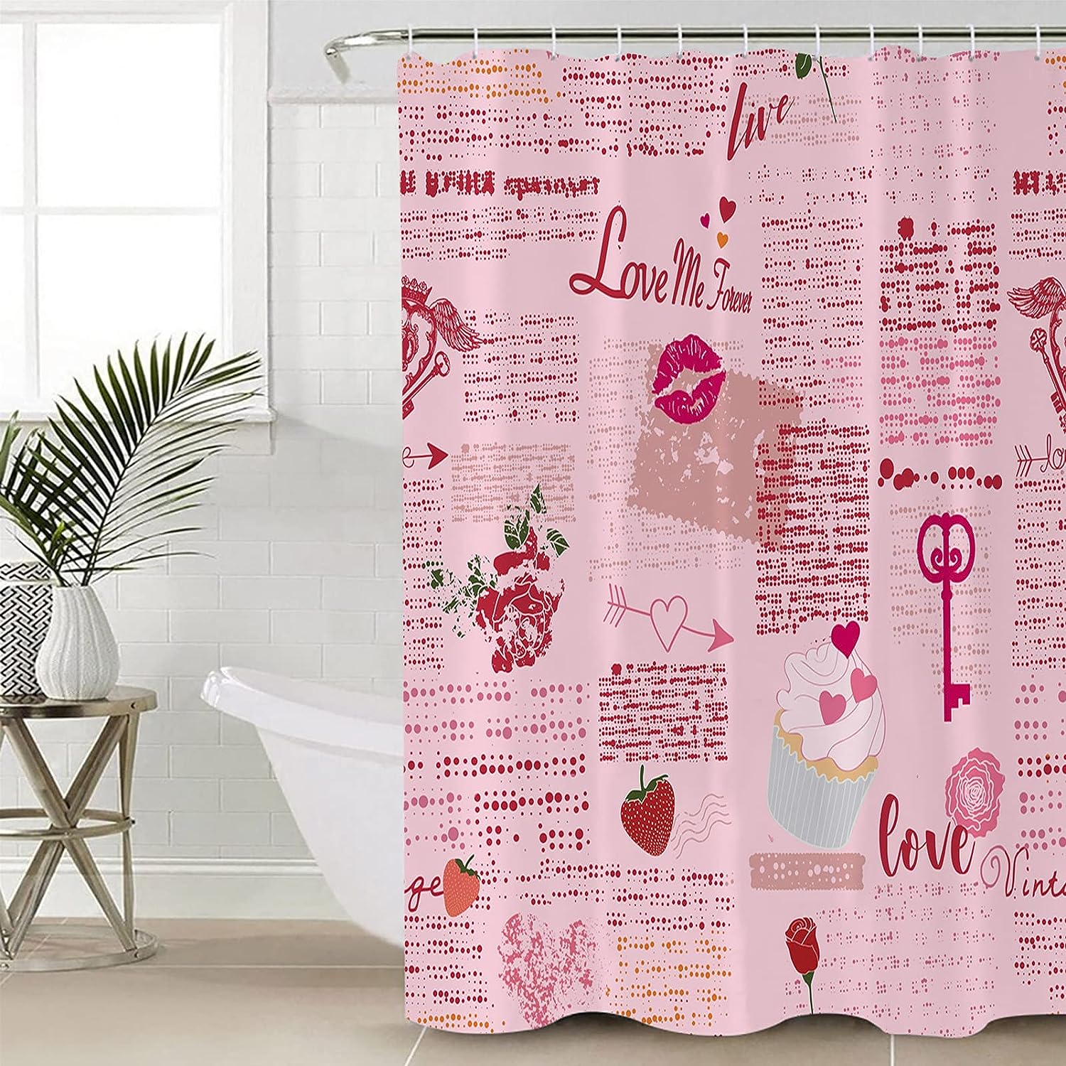 Retro Valentine's Day Shower Curtain, Pink Red Love Heart for Bathroom Decor