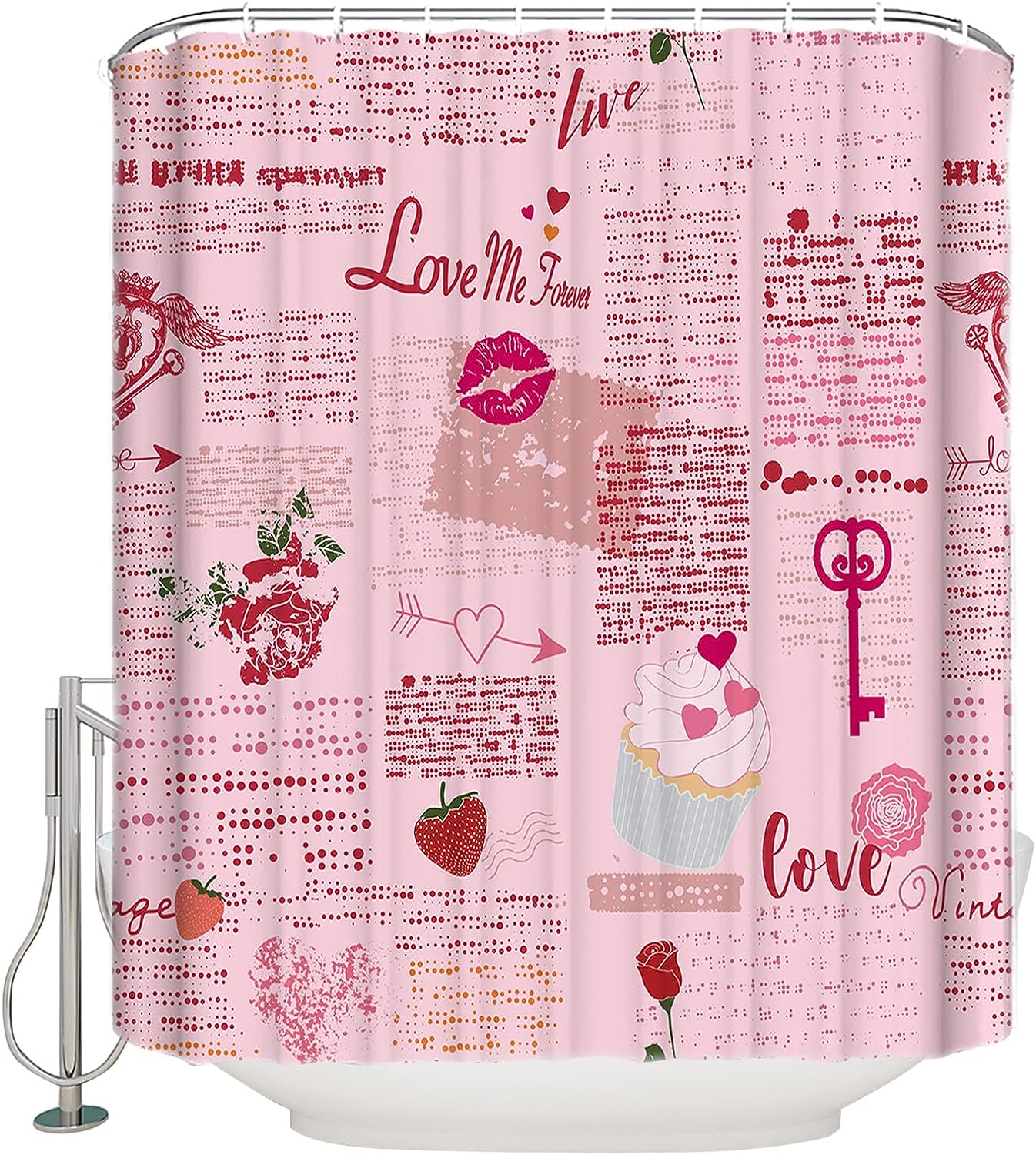 Retro Valentine's Day Shower Curtain, Pink Red Love Heart for Bathroom Decor