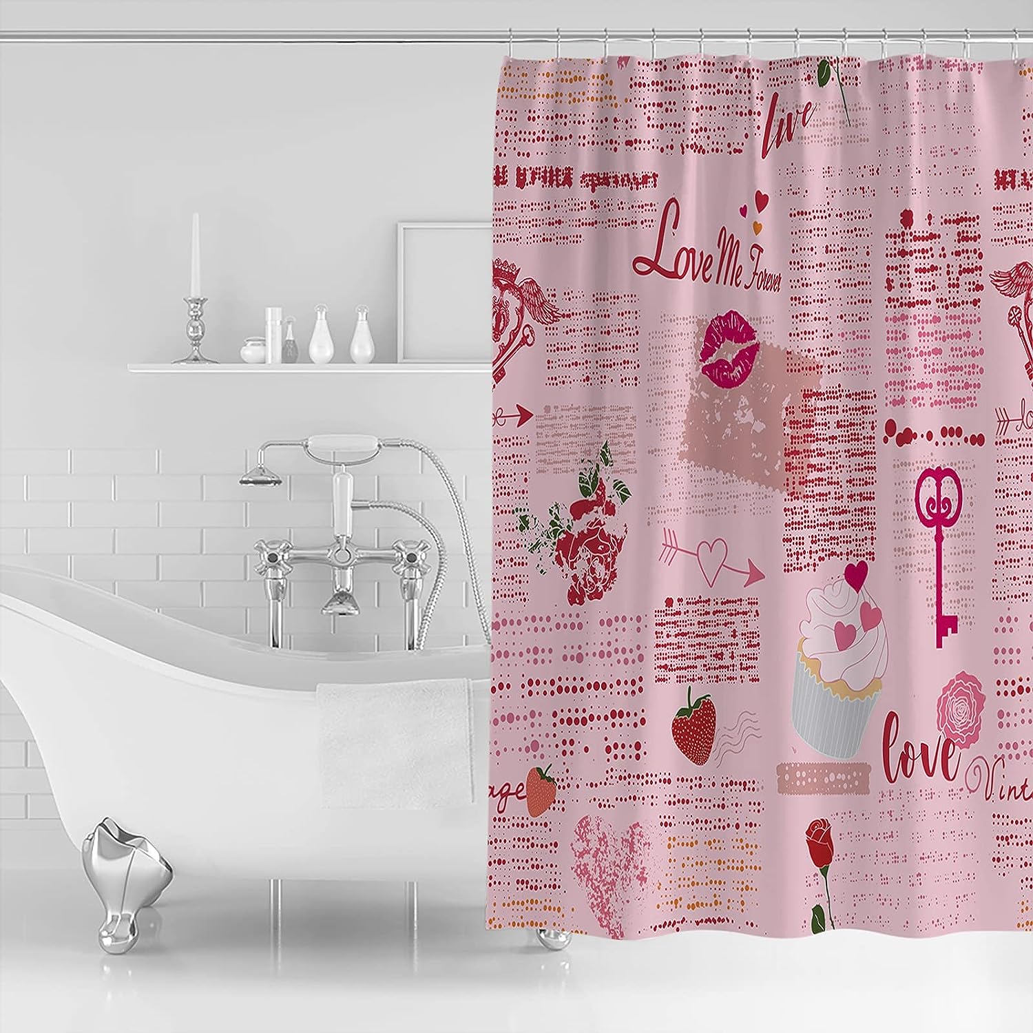 Retro Valentine's Day Shower Curtain, Pink Red Love Heart for Bathroom Decor