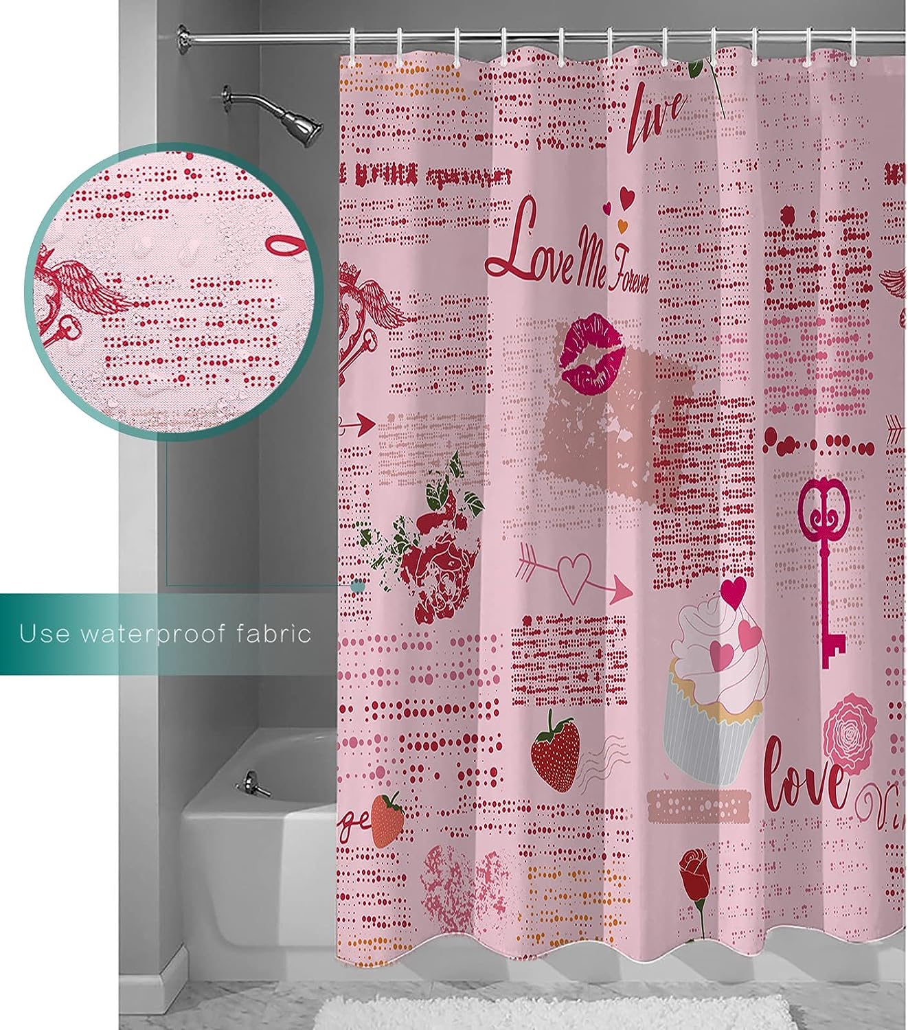 Retro Valentine's Day Shower Curtain, Pink Red Love Heart for Bathroom Decor