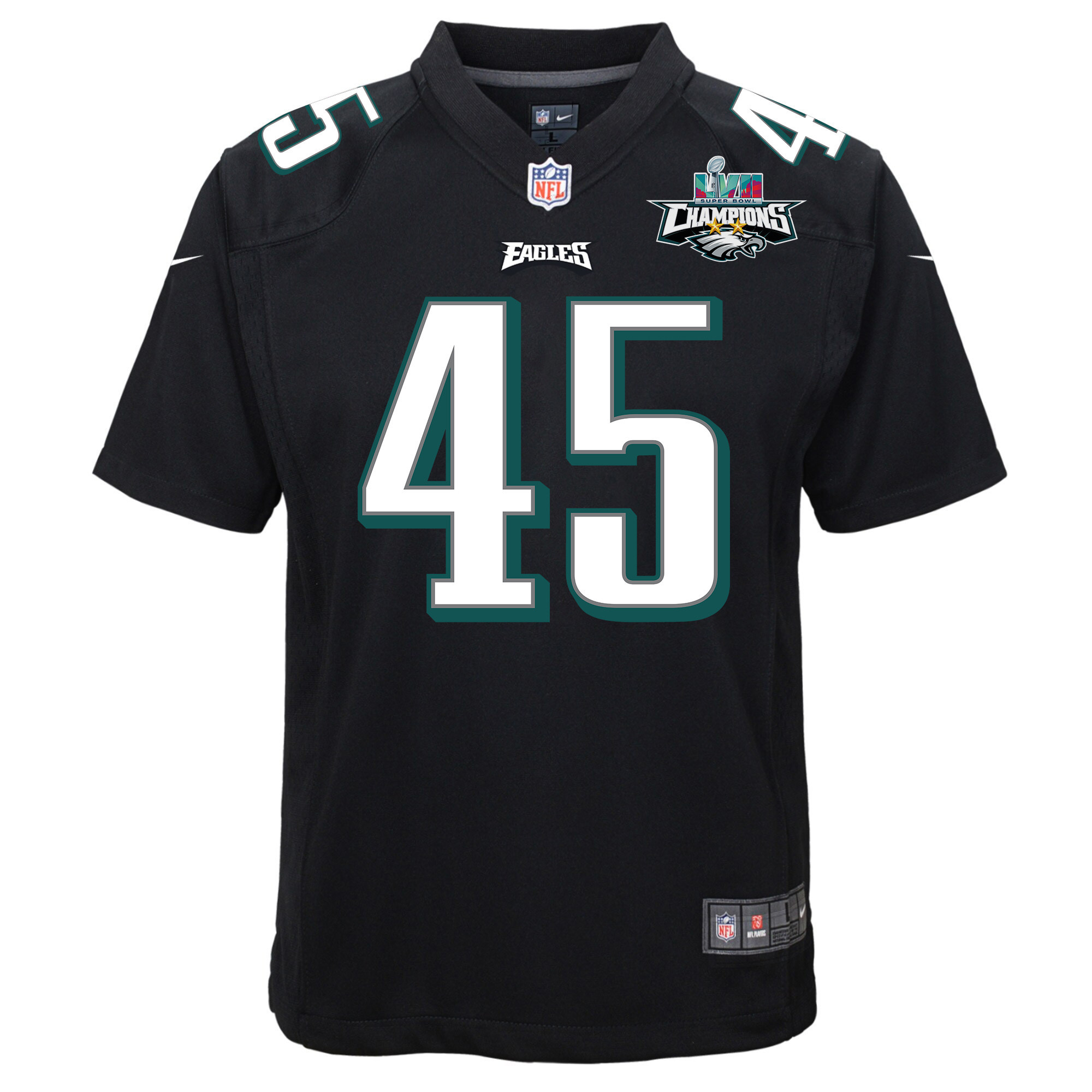 Rick Lovato 45 Philadelphia Eagles Super Bowl LVII Champions 2 Stars Youth Game Jersey - Black