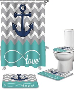 Ripple Grey Love Anchor Design Shower Curtain with Chevron Zig Zag Print for a Trendy Bathroom Decor