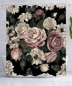 Romantic Black Rose Floral Shower Curtain for Vintage and Elegant Bathroom Decor