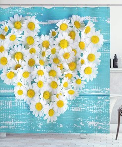 Romantic Daisy Shower Curtain, Heart Shaped Daisy Flowers Blossom Print, Cloth Bathroom Decor W, Sky Blue and White 