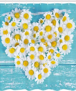 Romantic Daisy Shower Curtain, Heart Shaped Daisy Flowers Blossom Print, Cloth Bathroom Decor W, Sky Blue and White