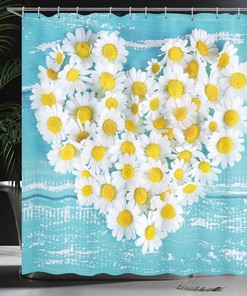 Romantic Daisy Shower Curtain, Heart Shaped Daisy Flowers Blossom Print, Cloth Bathroom Decor W, Sky Blue and White 