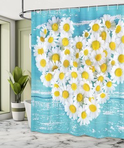 Romantic Daisy Shower Curtain, Heart Shaped Daisy Flowers Blossom Print, Cloth Bathroom Decor W, Sky Blue and White 