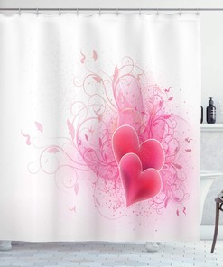 Romantic Hearts Floral Shower Curtain, Valentines Day Themed Fabric Bathroom Decor, Pink White