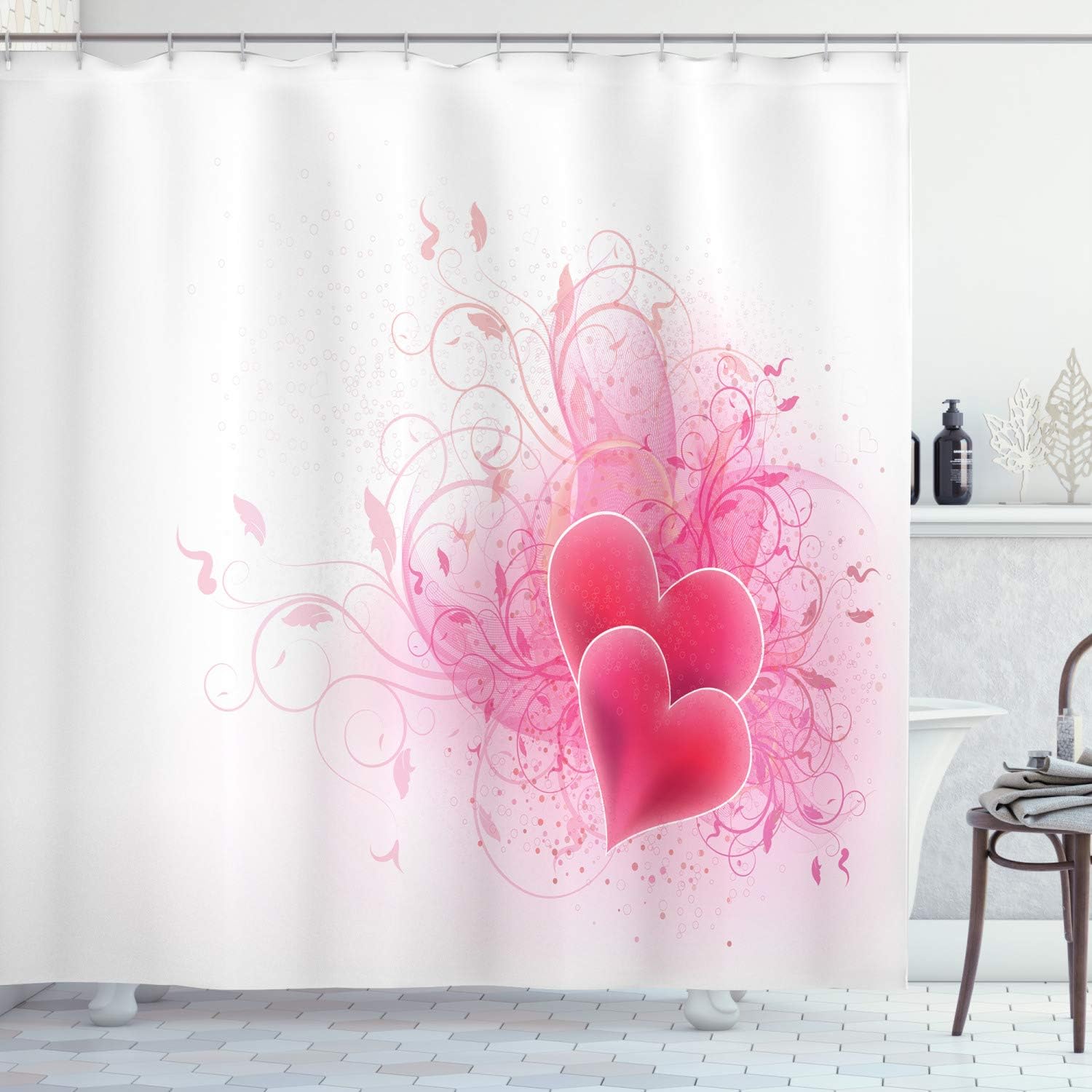 Romantic Hearts Floral Shower Curtain, Valentines Day Themed Fabric Bathroom Decor, Pink White