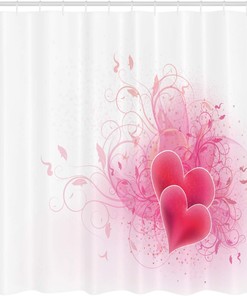 Romantic Hearts Floral Shower Curtain, Valentines Day Themed Fabric Bathroom Decor, Pink White