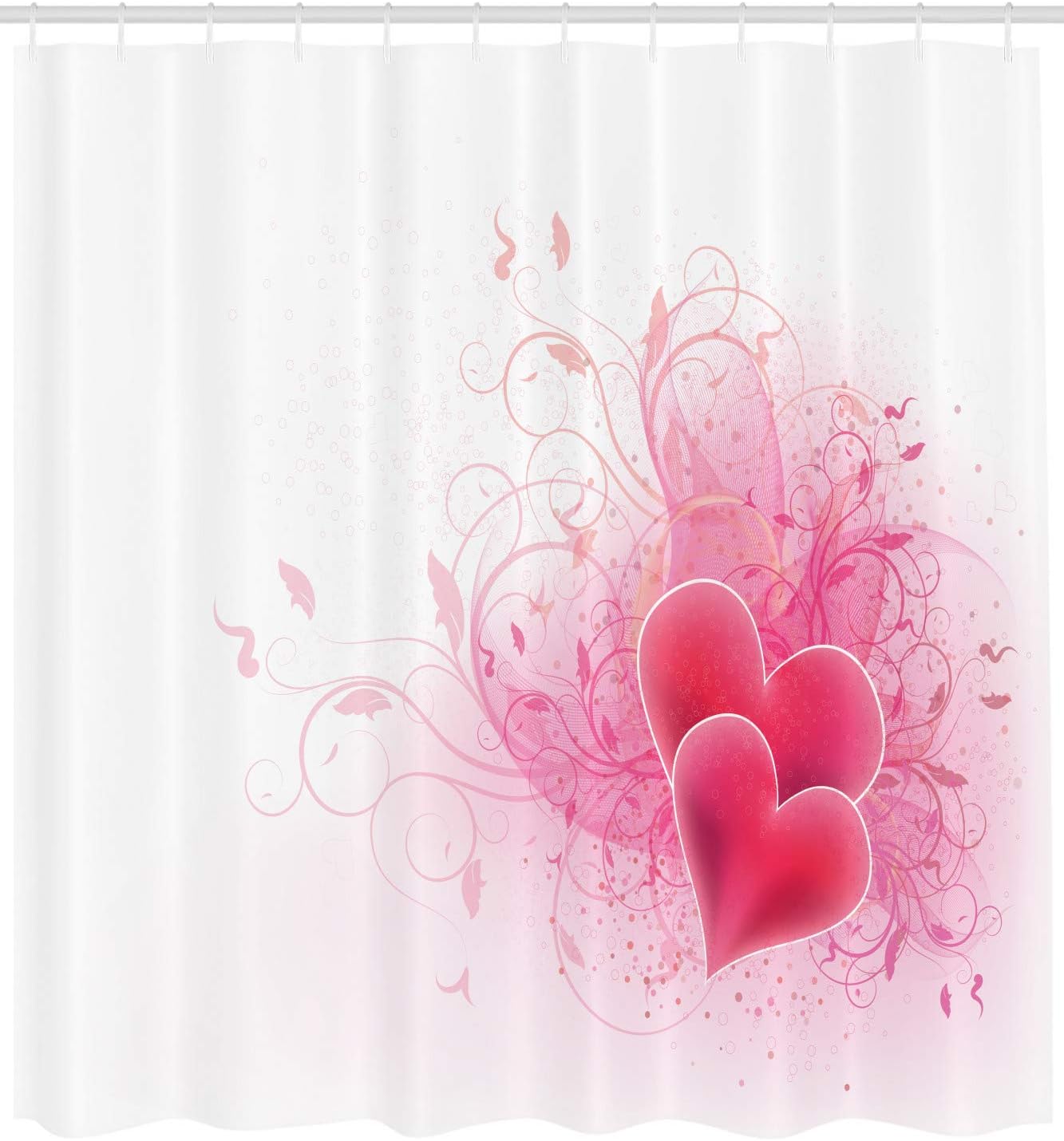 Romantic Hearts Floral Shower Curtain, Valentines Day Themed Fabric Bathroom Decor, Pink White
