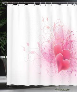Romantic Hearts Floral Shower Curtain, Valentines Day Themed Fabric Bathroom Decor, Pink White
