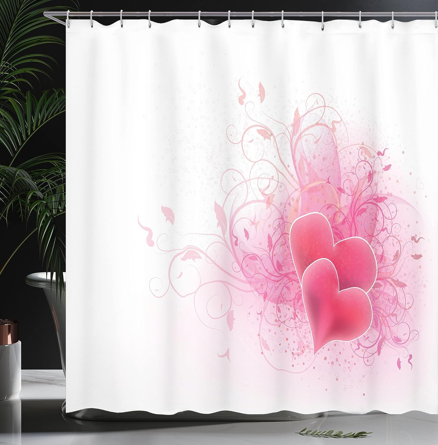 Romantic Hearts Floral Shower Curtain, Valentines Day Themed Fabric Bathroom Decor, Pink White