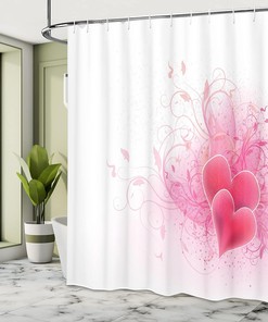 Romantic Hearts Floral Shower Curtain, Valentines Day Themed Fabric Bathroom Decor, Pink White