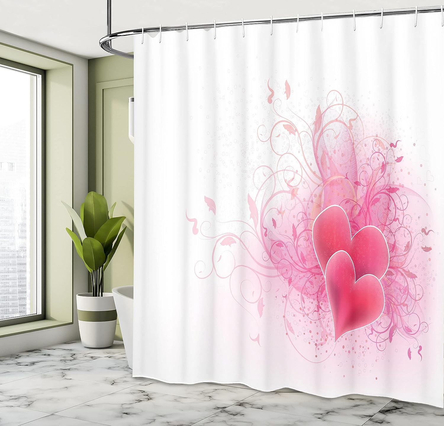Romantic Hearts Floral Shower Curtain, Valentines Day Themed Fabric Bathroom Decor, Pink White