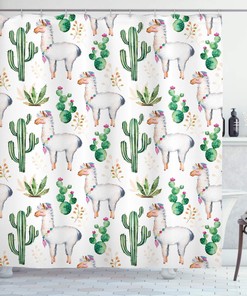 Romantic Mexico Shower Curtain, Tender Blossoms and Barren Heath Natural Vegetation Print for Bathroom Decor, Green Coral Lavender