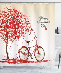 Romantic Tree Valentines Day Shower Curtain, Vintage Art Blooming Hearts Petals Cloth Fabric Bathroom Decor