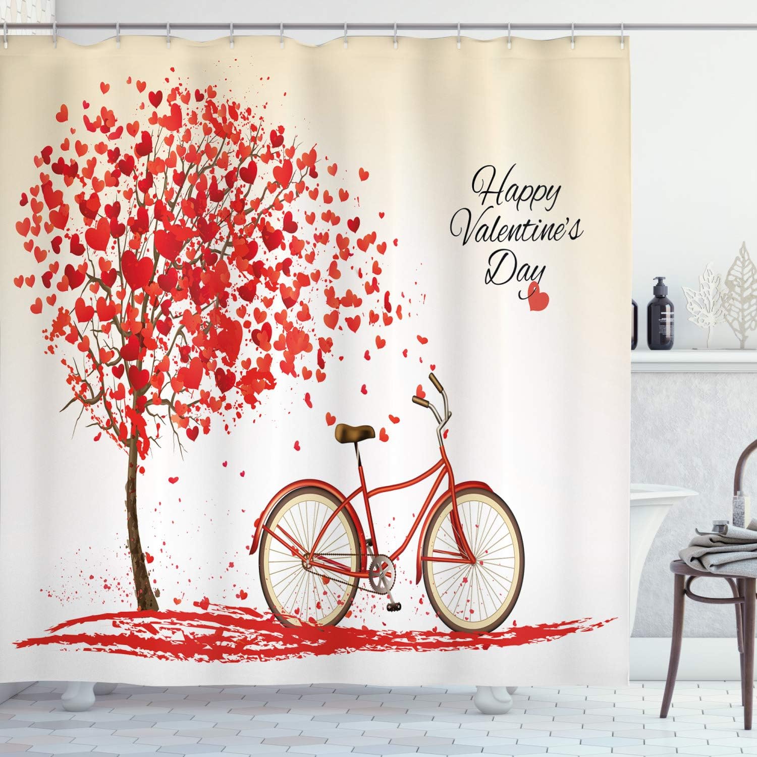 Romantic Tree Valentines Day Shower Curtain, Vintage Art Blooming Hearts Petals Cloth Fabric Bathroom Decor