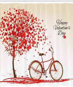 Romantic Tree Valentines Day Shower Curtain, Vintage Art Blooming Hearts Petals Cloth Fabric Bathroom Decor