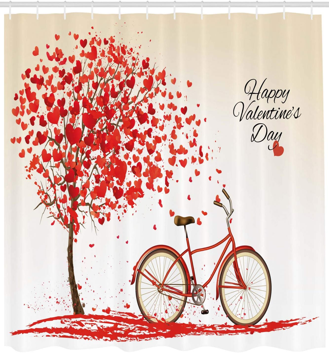 Romantic Tree Valentines Day Shower Curtain, Vintage Art Blooming Hearts Petals Cloth Fabric Bathroom Decor