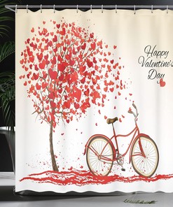 Romantic Tree Valentines Day Shower Curtain, Vintage Art Blooming Hearts Petals Cloth Fabric Bathroom Decor