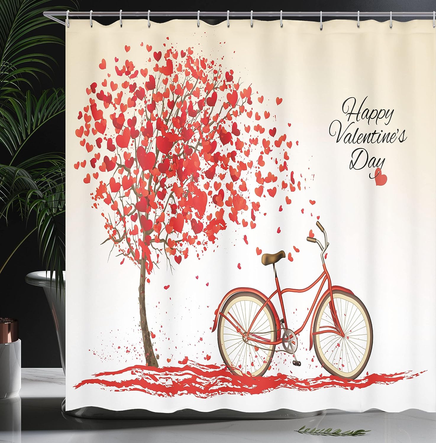 Romantic Tree Valentines Day Shower Curtain, Vintage Art Blooming Hearts Petals Cloth Fabric Bathroom Decor