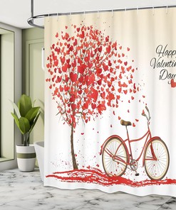 Romantic Tree Valentines Day Shower Curtain, Vintage Art Blooming Hearts Petals Cloth Fabric Bathroom Decor