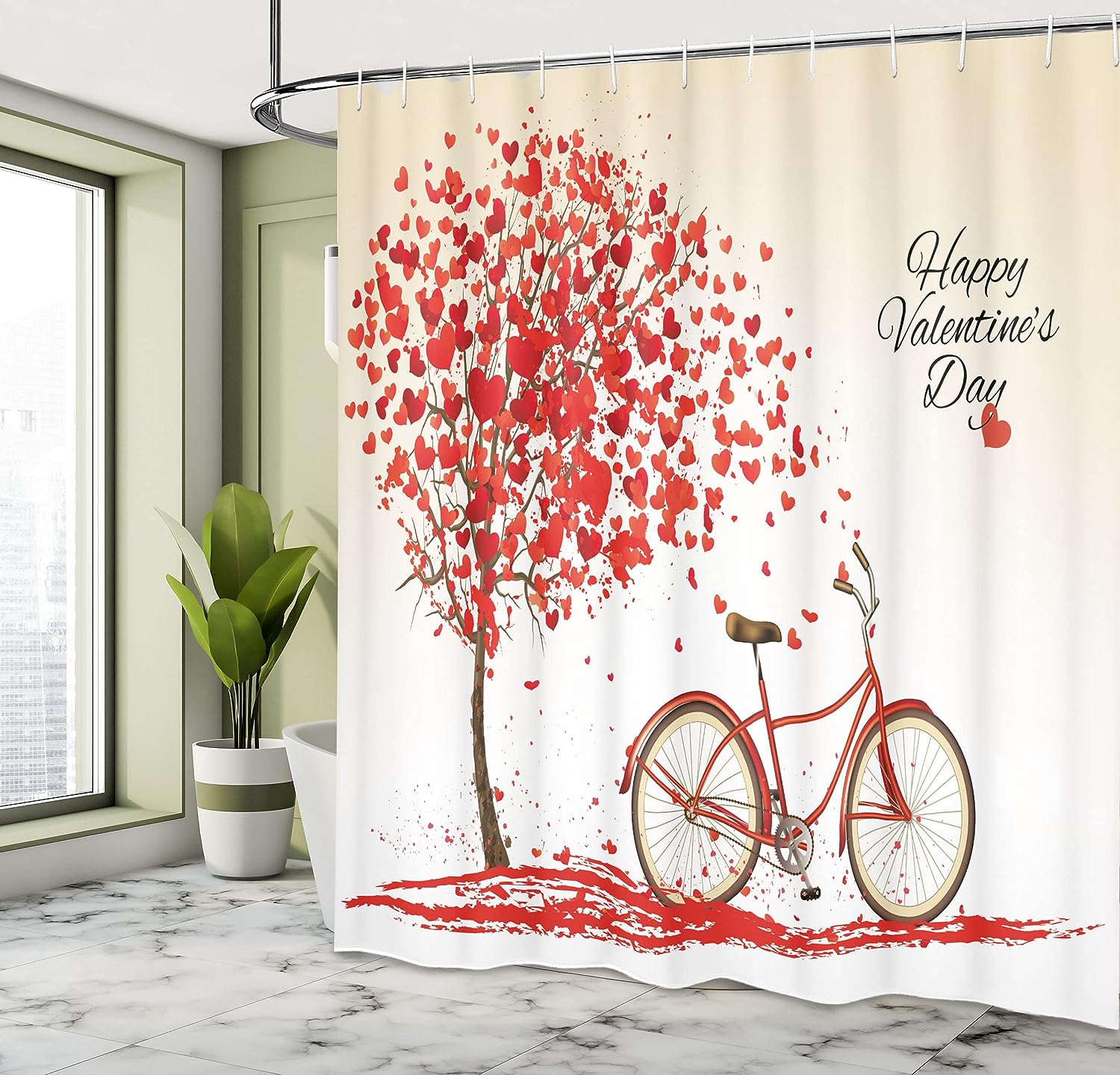 Romantic Tree Valentines Day Shower Curtain, Vintage Art Blooming Hearts Petals Cloth Fabric Bathroom Decor