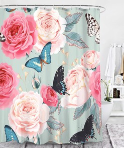 Romantically Floral - 3D Rose Floral Flower Butterfly Print Bathroom Shower Curtain for Bathroom Decor