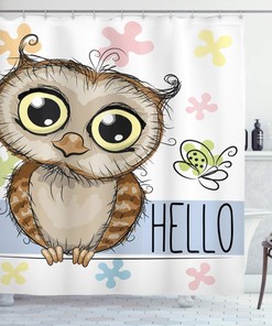 Rose Cadet Blue Brown Owls Shower Curtain, Cartoon Owl and Butterfly on Floral Background, Bathroom Decor 
