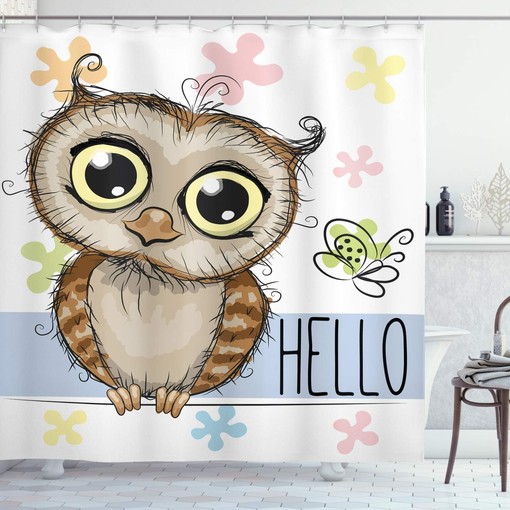Rose Cadet Blue Brown Owls Shower Curtain, Cartoon Owl and Butterfly on Floral Background, Bathroom Decor