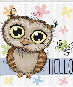 Rose Cadet Blue Brown Owls Shower Curtain, Cartoon Owl and Butterfly on Floral Background, Bathroom Decor