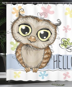 Rose Cadet Blue Brown Owls Shower Curtain, Cartoon Owl and Butterfly on Floral Background, Bathroom Decor 