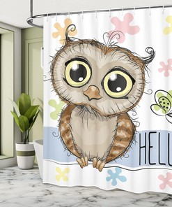 Rose Cadet Blue Brown Owls Shower Curtain, Cartoon Owl and Butterfly on Floral Background, Bathroom Decor 