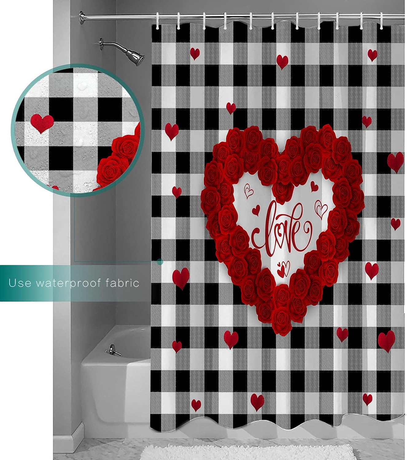 Rose Flowers Heart Shower Curtain with Waterproof Fabric | Bathroom Decor