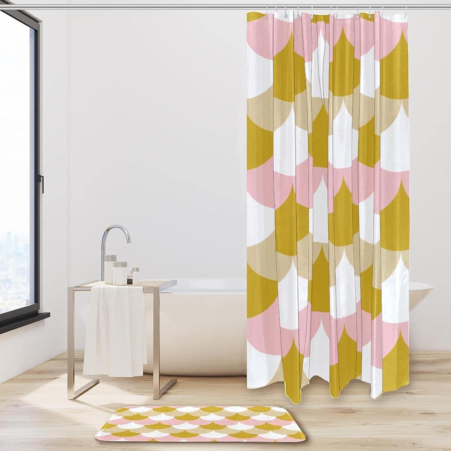 Rose Gold Fish Scales Shower Curtain with Microfiber Accents - Water Themed Bathroom Decor