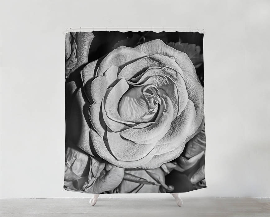 Rose Shower Curtain - Romantic and Bohemian Bathroom Decor with Black and White Art Print