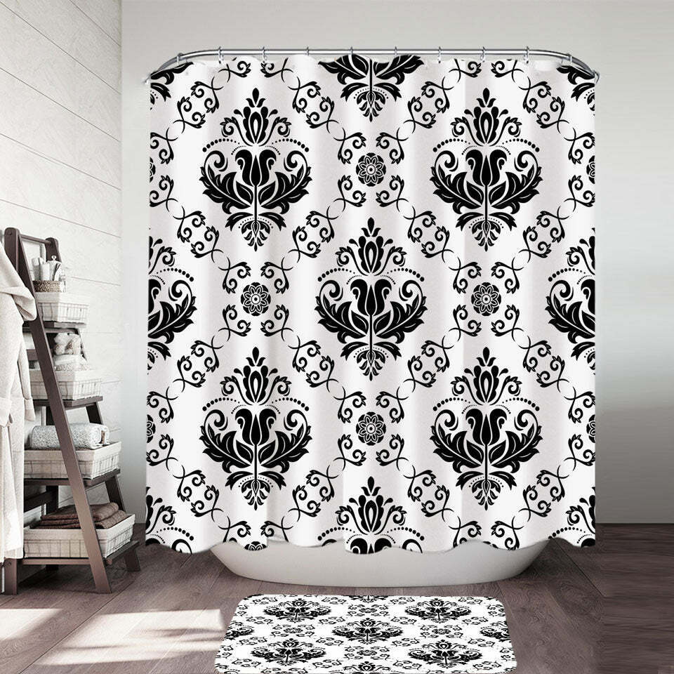 Royal Floral Shower Curtain - Elegant and Classic Black and White Bathroom Decor with Flower Design