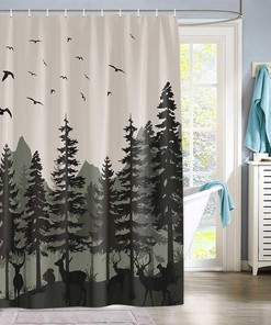 Rustic Adventure Themed Shower Curtain with Forest Mountains and Wildlife Design