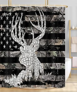 Rustic American Flag with Deer Camo Shower Curtain, Perfect for Wildlife Enthusiasts